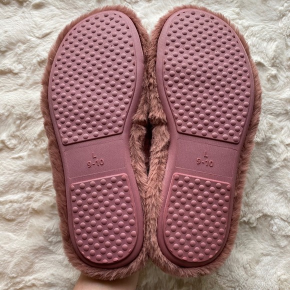 Happily Grey Faux Fur Slippers Womens L 9-10 Mauve Bow Slides Loungewear Chic - Picture 7 of 8